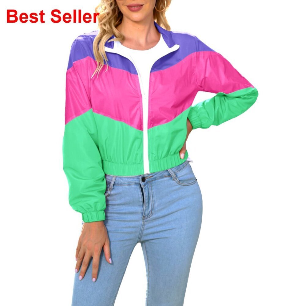 Lightweight Polyester Windbreaker Jacket Zip Up Color Block Sport Outerwear